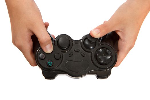 A black video game console controller being used