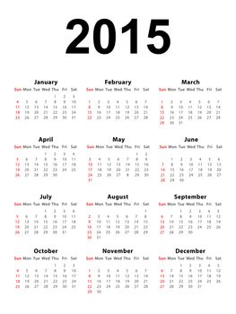 Calendar of 2015 isolated on white background