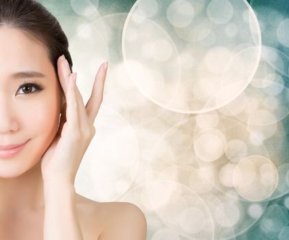 Asian beauty face closeup portrait with clean and fresh elegant lady. Studio shot.