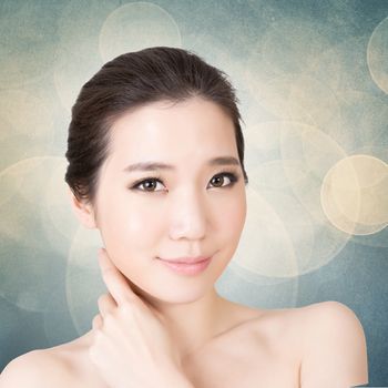 Asian beauty face closeup portrait with clean and fresh elegant lady. Studio shot.