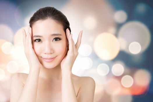 Asian beauty face closeup portrait with clean and fresh elegant lady. Studio shot.