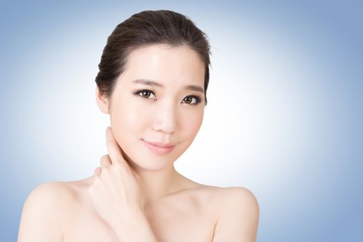 Asian beauty face closeup portrait with clean and fresh elegant lady. Studio shot.