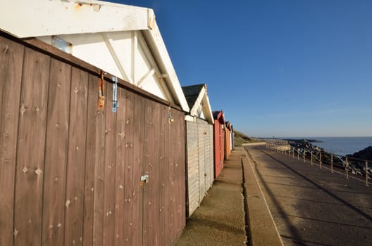 Wide angle view of beach huts