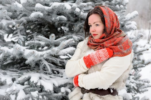 Beautiful young Russian folk woman in winter park