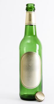 empty green beer bottle with crown seal in light background