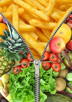 Opening zip revealing french fries inside and fresh fruit and vegetables on the outside 