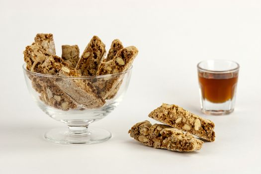 Cantucci, a tipical tuscan biscuits on a white background.