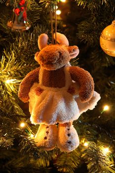 Close-up of Christmas ornaments on a Christmas tree