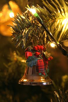 Close-up of Christmas ornaments on a Christmas tree