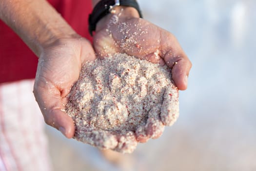 Pink Bermuda sand close up in the hands of a young man. Shallow depth of field.