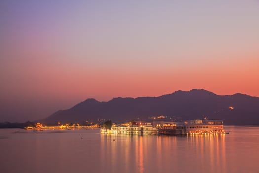 The view of Lake Palace in Udaipur at night