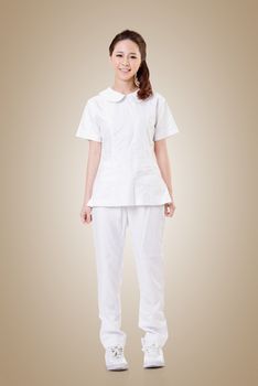 Attractive Asian nurse, woman portrait against white background.