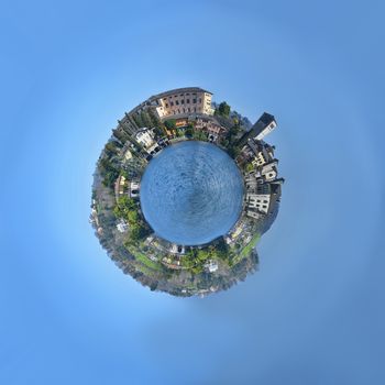 Panorama of San Giulio island on Lake Orta in northern Italy, lakes district