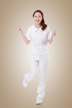 Cheerful Asian nurse, woman portrait isolated on white background.