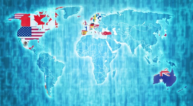 OECD flag on blue digital world map with actual national borders