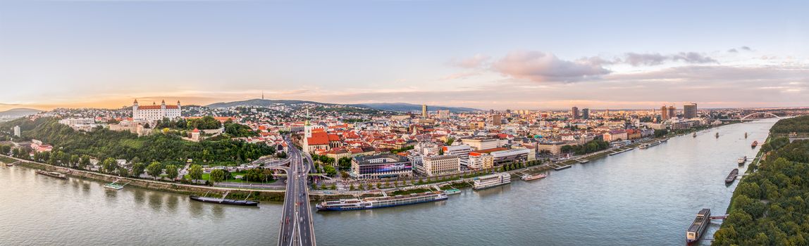 Bratislava, Slovakia - Panoramic View with the Castle, Old Town and Danube River at Sunset as Seen from Observation Deck