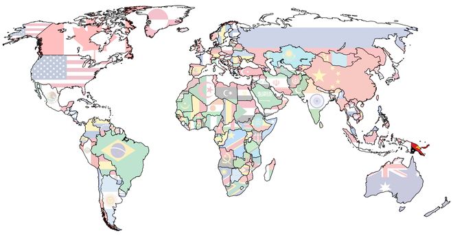 papua new guinea flag on old vintage world map with national borders
