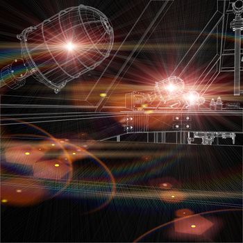 Wire-frame drawing of industrial platform with flares shining, on black background