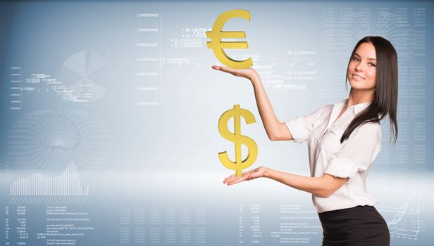 Smiling businesswoman in white shirt and black skirt holding dollar and euro signs. Graphs and texts as backdrop