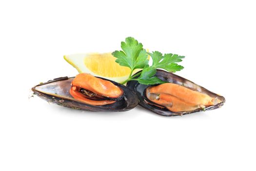 two boiled mussels with parsley and lemon isolated over white background