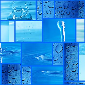 Blue water drops montage or collage background