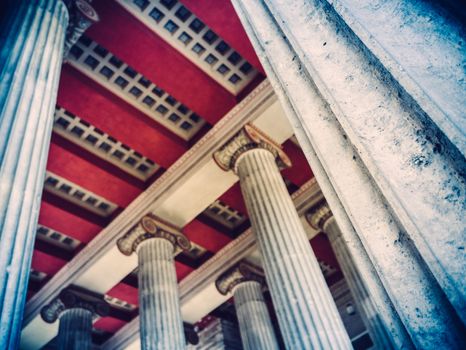 Retro Style Photo Of Pillars And Red Ceiling Of Grand Greek Or Roman Architecture