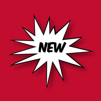 The word new in a Comic Book Star on red Background