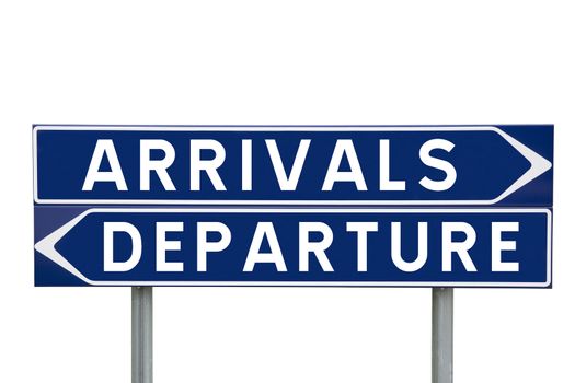 Blue Direction Signs with choice between arrivals or departures isolated on white background