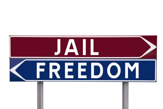 Direction Signs with choice between Jail or Freedom isolated on white background
