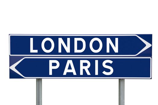 Blue Direction Signs with choice between London or Paris isolated on white background