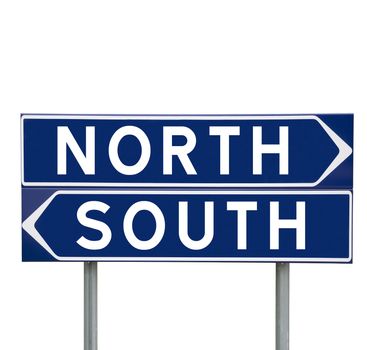 Blue Direction Signs with choice between North or South isolated on white background