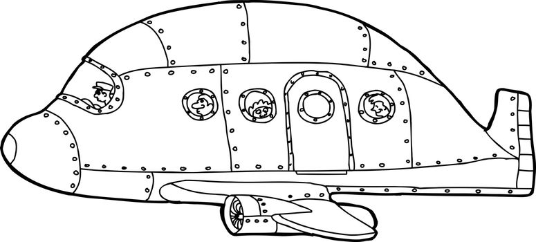Single hand drawn cartoon aluminum passenger airplane 