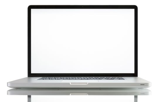 Laptop with blank white screen. Isolated on white background