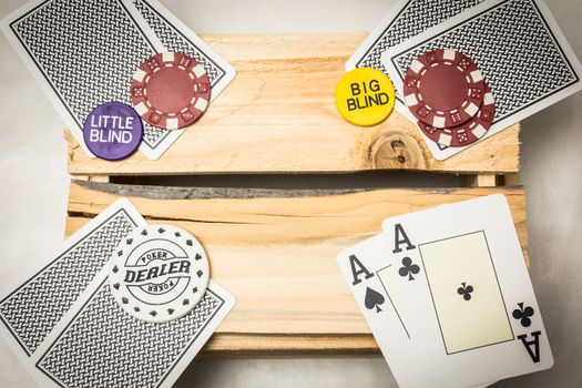 A pair of aces together with a dealer button on a wooden support