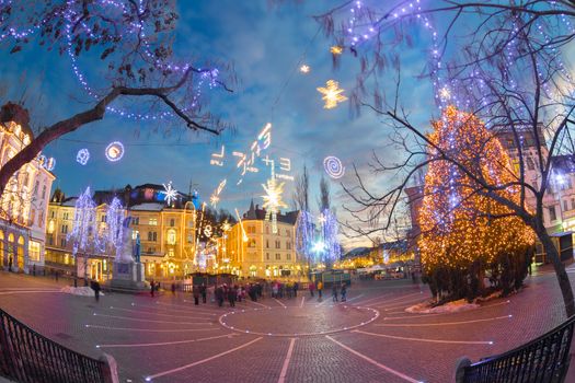 Romantic Ljubljana's city center decorated for Christmas holidays. Preseren's square, Ljubljana, Slovenia, Europe. 