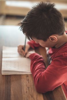 Young elementary school boy doing homework from mathematics