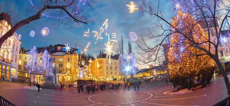 Romantic Ljubljana's city center decorated for Christmas holidays. Preseren's square, Ljubljana, Slovenia, Europe. 