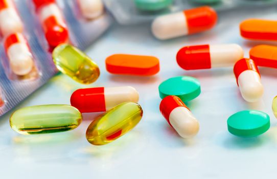 Medications for the treatment of various diseases: a variety of tablets and capsules.