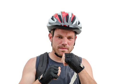 Young sporty man with safety helmet in boxing pose