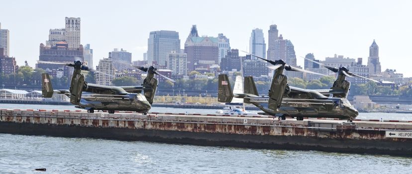 New York City, USA-October 5, 2014: MV-22 Osprey. Marine Helicopter Squadron One (HMX-1), is a squadron responsible for the transportation of the President of the United States, Vice President, Cabinet members and other VIPs. Taken at Manhattan heliport.