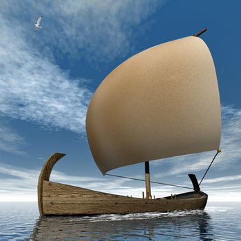 Ancient sailboat floating on the ocean by day -3D render