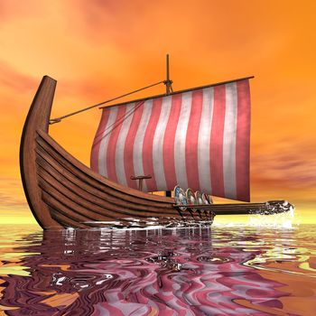 Drakkar or viking ship floating on the ocean by sunset -3D render