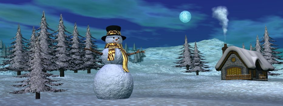 Snowman standing next to a cottage by snowy night - 3D render