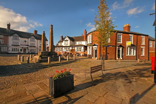 Two ninth century Anglo-Saxon crosses stand in the market square at Sandbach in Cheshire, England.