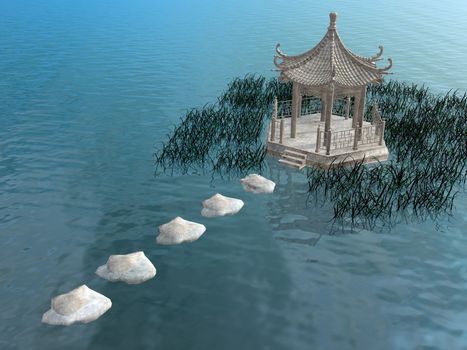 Steps to gazebo and grass upon water - 3D render