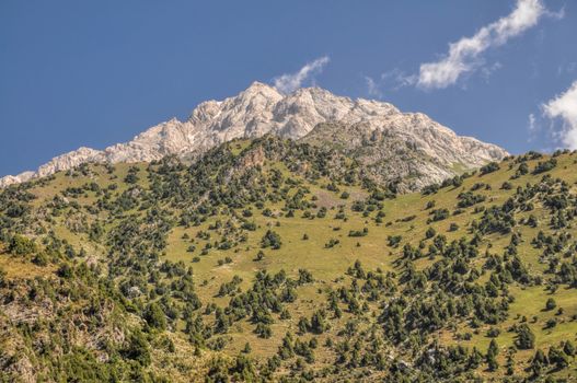 Scenic peak in mountain range Tien-Shan in Kyrgyzstan