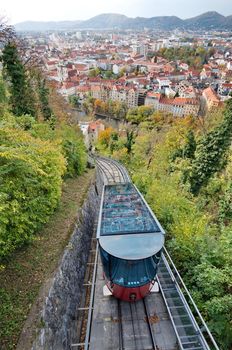 Red funicular in Graz, Austria