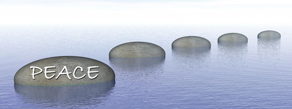 Peace word written on on grey stones, steps upon the ocean - 3D render