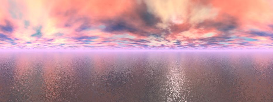 Colorful sunset with clouds over ocean, 360 degrees effect