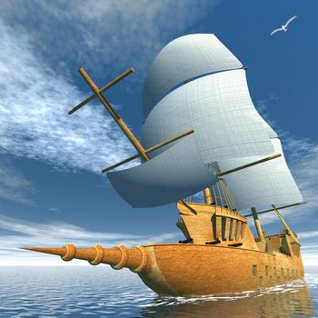 Beautiful detailed old ship next to seagulls by blu day - 3D render